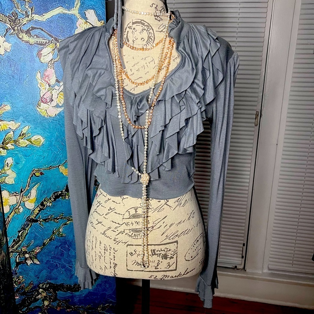 ruffled SZ M Arden B, elephant gray,, crop top blouse.